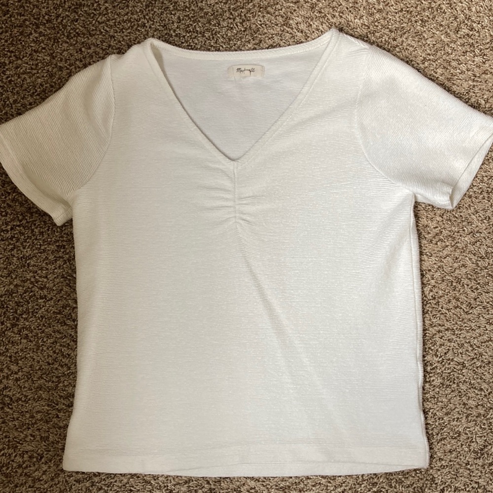 Madewell Ottoman Jacquard Ruched-Front V-Neck Textured Tee S